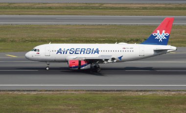 ISTANBUL, TURKIYE - SEPTEMBER 02, 2023: Air Serbia Airbus A319-132 (3317) landing to Istanbul International Airport clipart