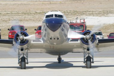 ESKISEHIR, TURKIYE - SEPTEMBER 17, 2023: M.S.O Air and Space Museum Douglas DC-3A (2204) displayed at Sivrihisar SHG Airshow clipart