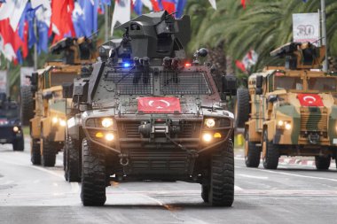 ISTANBUL, TURKIYE - AUGUST 30, 2024: Police vehicles parade during anniversary of 30 August Turkish Victory Day parade on Vatan Avenue clipart