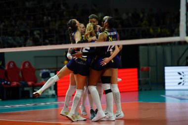 ISTANBUL, TURKIYE - 26 Ocak 2025: Burhan Felek Spor Salonu 'nda oynanan Eczacibasi Dynavit Türk Sultanlar Ligi karşılaşmasında Fenerbahçe Medicana oyuncuları puan puanını kutluyor