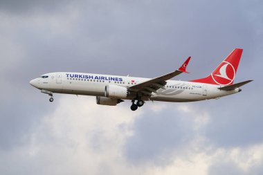 ISTANBUL, TURKIYE - JULY 11, 2024: Turkish Airlines Boeing 737-8MAX (60033) landing to Istanbul International Airport clipart