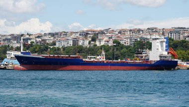 Bir kargo gemisi bir ticaret limanına yükleniyor.