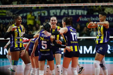 ISTANBUL, TURKIYE - 12 Nisan 2025: Fenerbahçe Medicana oyuncuları Burhan Felek Spor Salonu 'nda oynanan Galatasaray Daikin Türk Sultanlar Ligi Playoff maçında skor puanını kutluyorlar