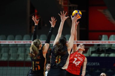 ISTANBUL, TURKIYE - 13 Nisan 2025: Aleksandra Uzelac ve Kubra Akman, Burhan Felek Spor Salonu 'nda Türk Hava Yollari - Zeren Spor Kulubu Türk Sultanlar Ligi Playoff maçı sırasında iş başında