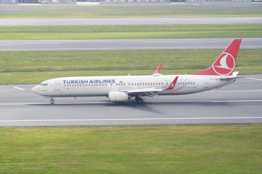 ISTANBUL, TURKIYE - 17 Nisan 2025: Türk Hava Yolları Boeing 737-9F2ER (42011) İstanbul Uluslararası Havaalanına iniyor