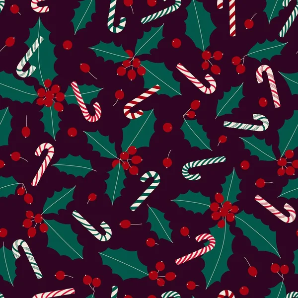 スタイル化されたホリーの葉 ベリー キャンディーの缶で冬のシームレスなパターン クリスマス休暇のためのベクトルの背景 — ストックベクタ