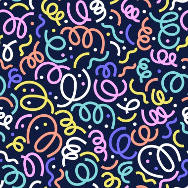 Konfeti kusursuz desen. Geometrik arkaplan ve farklı geometrik şekiller. Memphis 'in kusursuz konfeti deseni. Parlak ve renkli, 90 'lar tarzı. Vektör arkaplanı