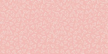 Küçük kalpleri olan kusursuz vektör deseni. Pembe arka planda beyaz doğrusal kalp ile vektör yineleyen doku. Elle çizilmiş minik kalplerle tekrarlanabilir fon