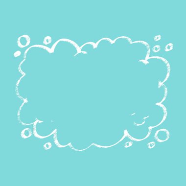 Abstract cloud drawn shape. Vector illustration white linear callout cloud on blue square card. Slogan or quote template cartoon style