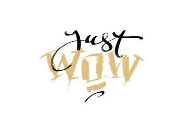 Just Wow 'un el yazısı. Çeşitli stillerde mesaj at. Beyaz arka plan yatay kompozisyonu üzerine modern harfler. Broşür, poster, satış afişi tasarımı için vektör illüstrasyonu