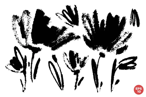Conjunto Vetorial Tinta Desenhando Flores Silvestres Ilustração Botânica Artística Monocromática — Vetor de Stock