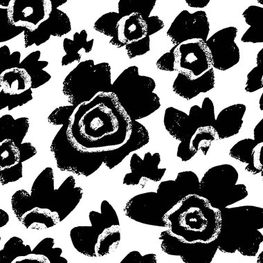 Vector seamless pattern with ink drawing wild flowers, monochrome artistic botanical illustration. Repeatable floral monochrome artistic backdrop