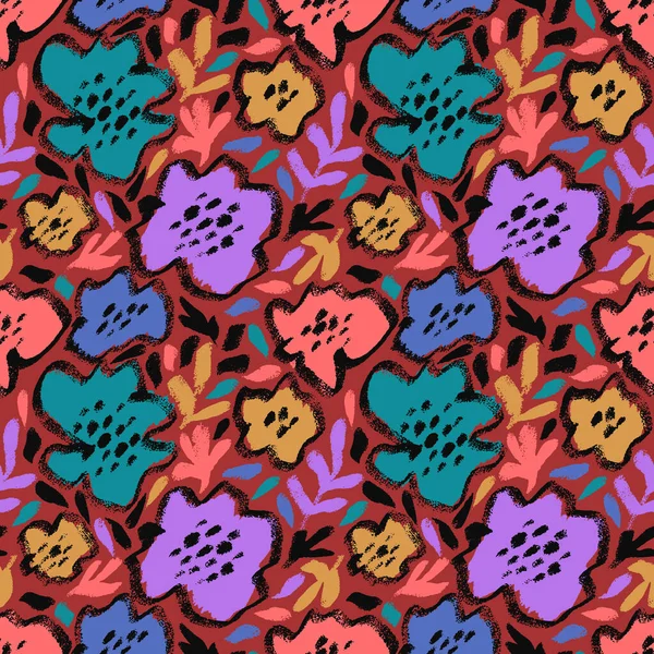 Векторная Бесшовная Картина Рисунком Диких Цветов Листьев Ветвей Красочная Художественная — стоковый вектор