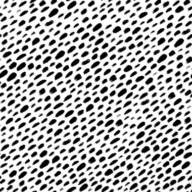 Küçük fırça darbeleriyle kusursuz bir desen. Beyaz arka planda siyah renk. Elle boyanmış grange dokusu. Mürekkep basit elementler. Bitmek bilmeyen kumaş izi