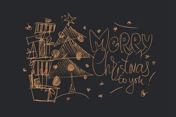 Feliz Navidad Lápiz Boceto Dibujado Mano Tarjeta Saludo Vectorial Composición — Vector de stock