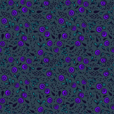 Elle çizilmiş koyu arkaplanlı yaban mersinli vektör pürüzsüz desen. Duvar kağıdı, arkaplan, baskı, tekstil tasarımı, defterler, telefon kılıfları, ambalaj kağıdı ve daha fazlası için tasarım