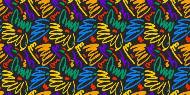 İşaretleyici, soyut ve pürüzsüz desenler çizmiş. Çocukça çizimler. El, arka plan için el hareketlerini çizer. Grafik tasarımı duvar kağıdı olarak kıvrımlı fırça darbeleri, işaret karalamaları