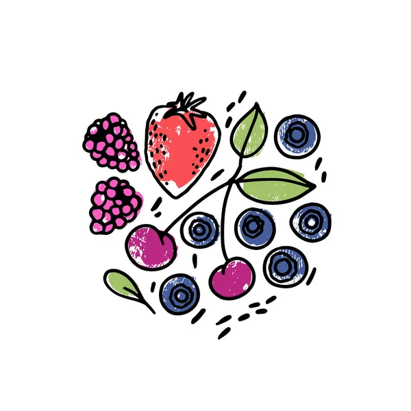 白莓一组手绘浆果 叶子和水滴在白色的背景上蓝莓 覆盆子 草莓和樱桃手绘图标 初画构图 — 图库矢量图片
