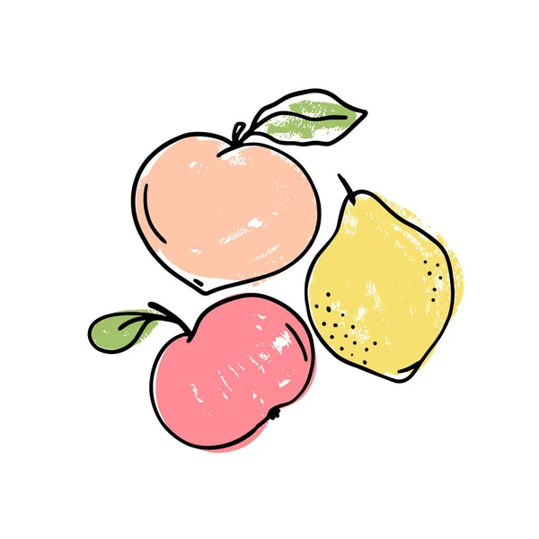 白い背景に葉を持つ手描きの果物のベクトルセット アップル レモン 桃の手描きのアイコン ナイーブな図面構成 — ストックベクタ