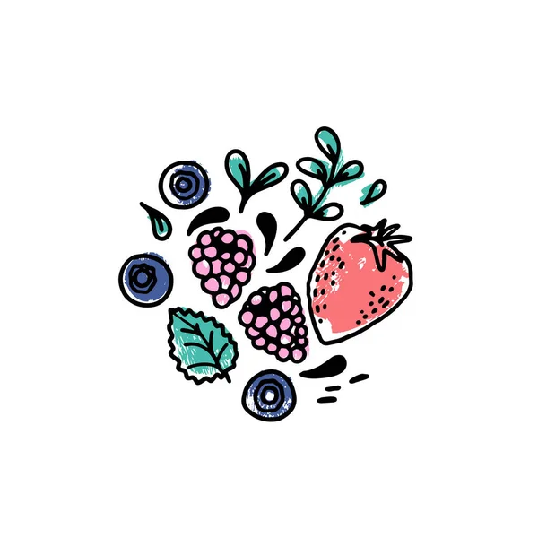 白い背景に葉とドロップで手描きの果実のセット ブルーベリー ラズベリー イチゴの手描きのアイコン ナイーブな図面構成 — ストックベクタ
