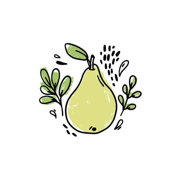 白い背景に葉や滴で果物を描いたベクトル手 梨の果物の手のアイコンを描いた ナイーブな図面構成 — ストックベクタ