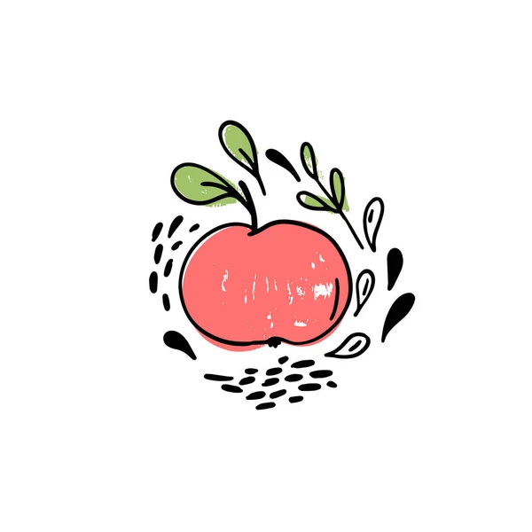 白い背景に葉や滴で果物を描いたベクトル手 アップルフルーツ手描きアイコン ナイーブな図面構成 — ストックベクタ