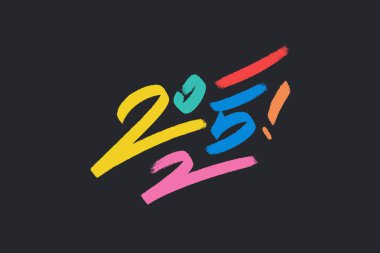2025 modern parlak yazı. Yeni yıl tebrik kartı. Koyu arkaplana elle çizilmiş renkli yazı