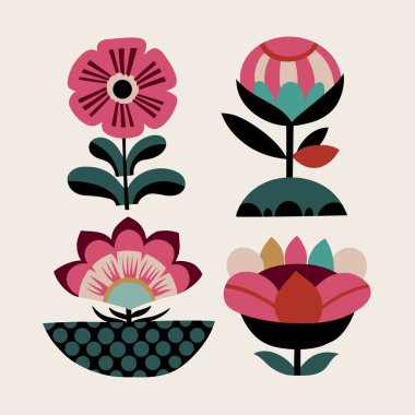 Minimalist botanik grafik elementleri. Vektör çiçekleri, basit bitkiler, çiçek şekilleri. Modern İskandinav tarzı tasarım elementleri