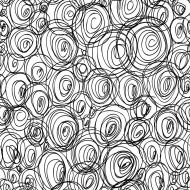 Elle çizilmiş tek renkli karalamalar, dikişsiz desen. Karalama, eş merkezli daireler şeklinde düzensiz sanatsal çizgiler. Sanatsal minimalist vektör arkaplanı