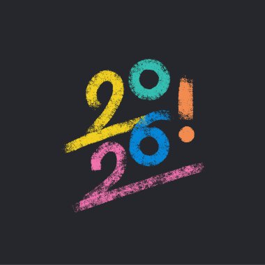 2026 modern desenli parlak harfler. Yeni yıl tebrik kartı. Koyu arkaplana elle çizilmiş renkli yazı