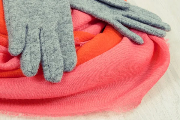 Красочные Перчатки Шаль Женщины Шерсти Хлопка Концепция Теплой Одежды Осень — стоковое фото