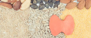 Besleyici bileşenler ve tiroit şeklinde. Doğal vitaminler içeren sağlıklı yiyecekler. Tiroit kavramı ile ilgili sorunlar