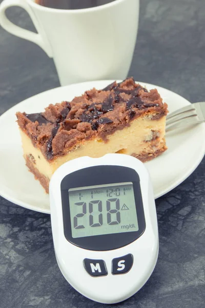 Glucose meter with high and bad result of measurement sugar level and fresh baked cheesecake with black coffee. Dieting during diabetes