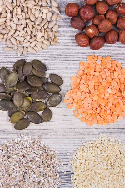 Různé Výživné Složky Jako Zdroj Přírodních Vitamínů Minerálů Vlákniny Zdravé — Stock fotografie