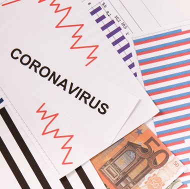 Yazı tipi koronavirüs, avro para birimleri ve azalan tablolar, virüsün neden olduğu küresel mali kriz riski olarak gösteriliyor. Covid 19