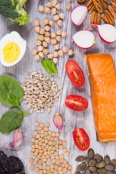 Alimentos Nutritivos Saudáveis Vários Ingredientes Como Fonte Selênio Natural Fibra — Fotografia de Stock