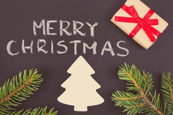 Inscription Merry Christmas Wrapped Gift Ribbon Christmas Tree Shape Green — Stock Photo, Image