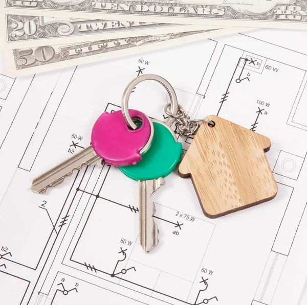 Keys Home Shape Currencies Dollar Electrical Diagrams House Building Buying — Stock Photo, Image