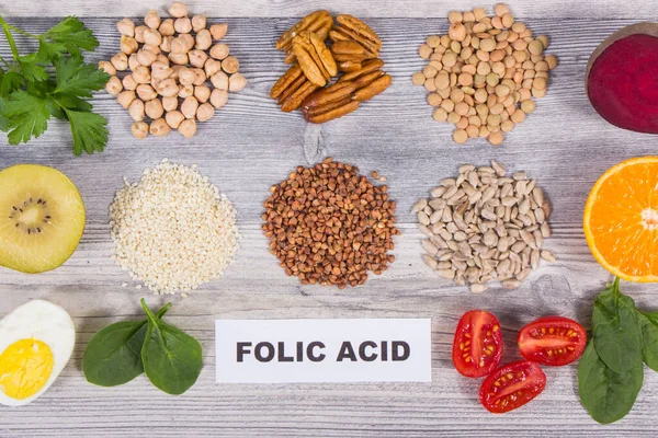 Inscription folic acid with various products or ingredients as source natural vitamin B9 and other minerals