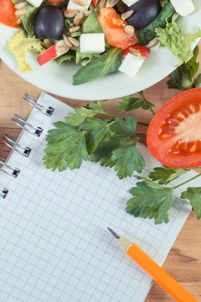Fresh Prepared Greek Salad Feta Cheese Notepad Tape Measure Slimming — Stock Photo, Image
