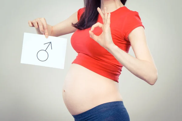 Vrouw Zwanger Teken Met Witte Kaart Met Mannelijk Symbool Verwacht — Stockfoto