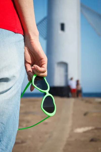 Woman Sunglasses Shape Heart West Breakwater Windmill Stawa Mlyny Swinoujscie — Stock Photo, Image