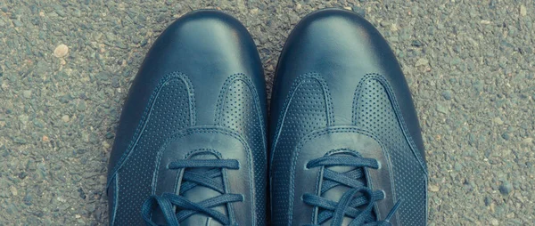 Sapatos Casuais Confortáveis Couro Azul Marinho Estrada Asfalto Caminho Calçado — Fotografia de Stock
