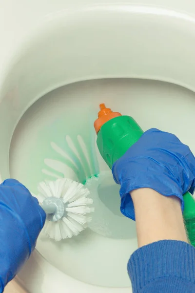 洗澡间清洁马桶的家用洗涤剂及配件 家庭责任概念 — 图库照片