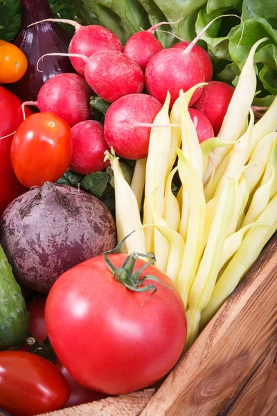 Fresh Ripe Vegetables Wooden Box Food Containing Natural Vitamins Healthy — Stock Photo, Image