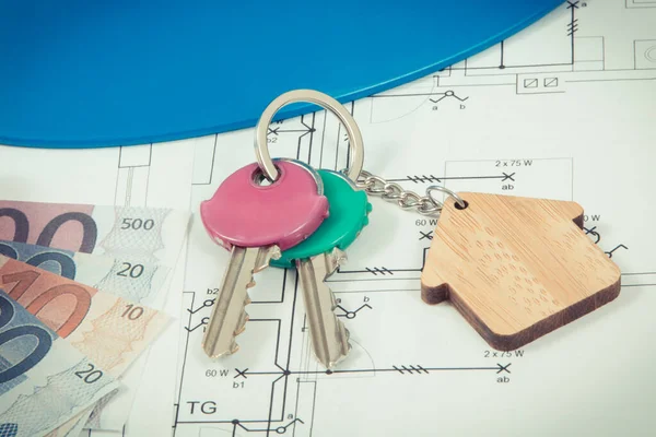 Keys House Shape Currencies Euro Electrical Construction Drawings Work Tools — Stock Photo, Image