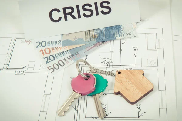 Chaves Com Forma Casa Moedas Euro Crise Inscrição Plano Habitação — Fotografia de Stock