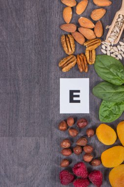 Various ingredients containing natural vitamin E, other minerals and dietary fiber. Healthy lifestyle and nutrition. Place for text or inscription