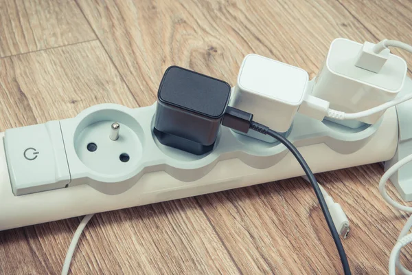Mobile Phone Chargers Connected Electrical Power Strip Various Devices Charging — Stock Photo, Image