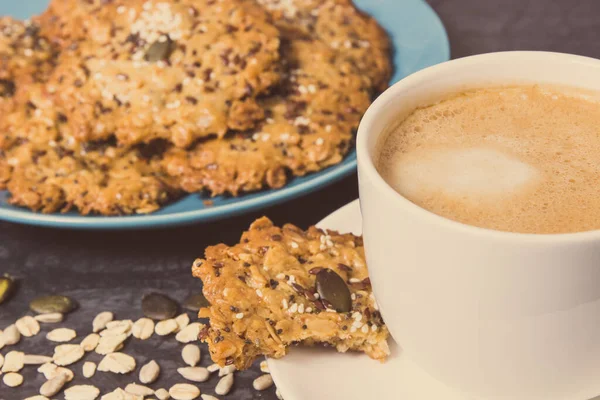 Cup Coffee Milk Fresh Baked Homemade Oatmeal Cookies Honey Different — Stock Photo, Image